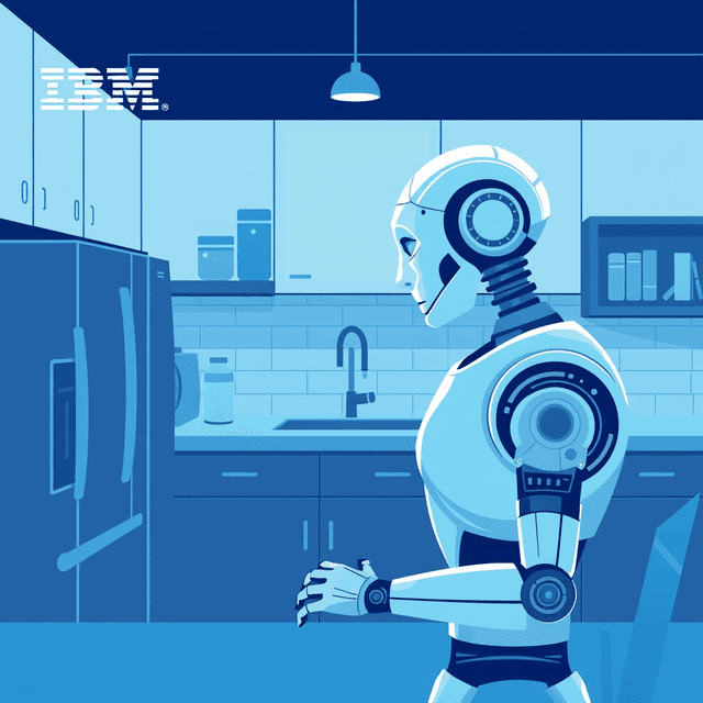 AI, robot arm, kitchen, IBM logo, clean journalistic illustration, cool blue and teal tones, curious and analytical feel