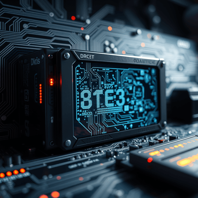 quantum computer, data encryption, circuit board, sharp tech-noir photography style, cool steel blues