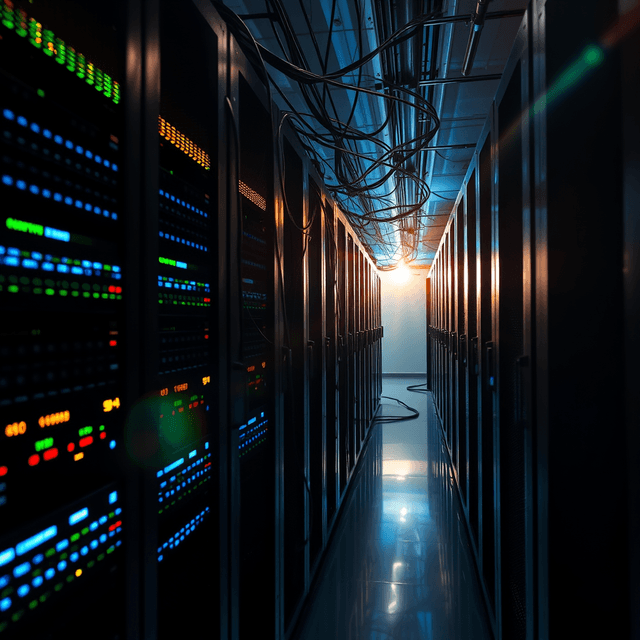 internet shutdown, data flow, server room, cool steel blues, lens flare accents