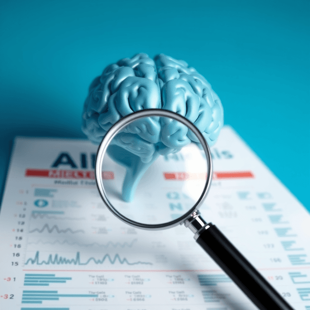 medical chart, AI brain, magnifying glass, cool blue and teal tones, curious and analytical feel