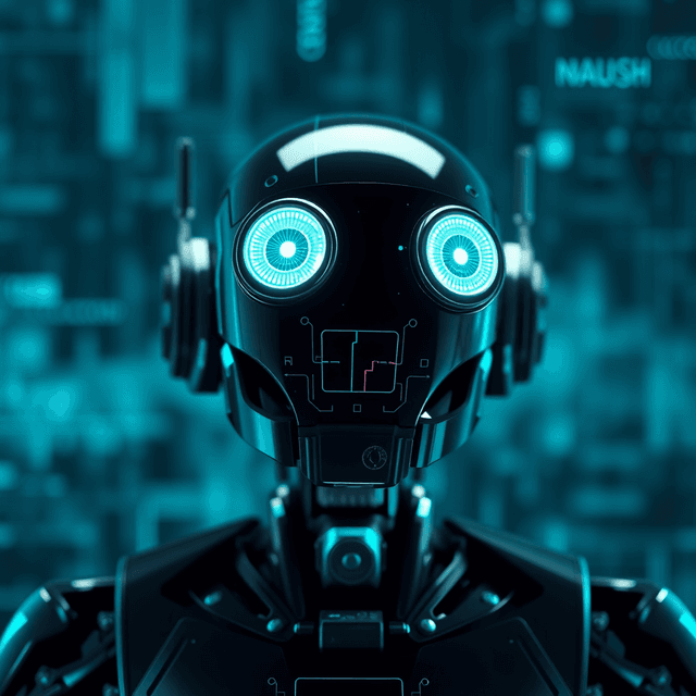 robot, texture, visual data, curious and analytical feel, cool blue and teal tones
