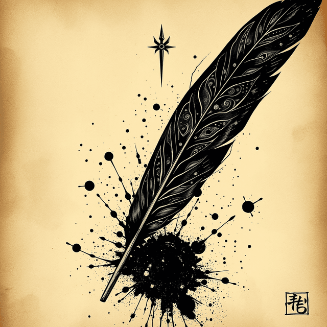 parchment, quill, ink splatter, tribal symbols, dark moody tones, editorial illustration