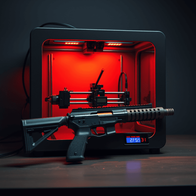 3D printer, firearm component, censorware, sharp tech-noir photography style, cool steel blues
