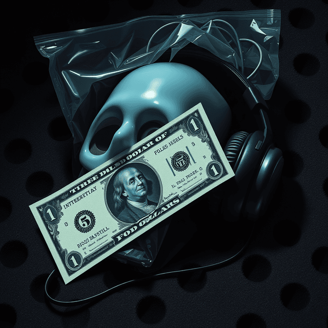phantom purchase, five dollar bill, headphones, plastic, foam, dark moody tones, editorial illustration