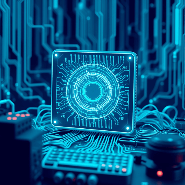 quantum computer, qubit, noise, cool blue and teal tones, curious and analytical feel