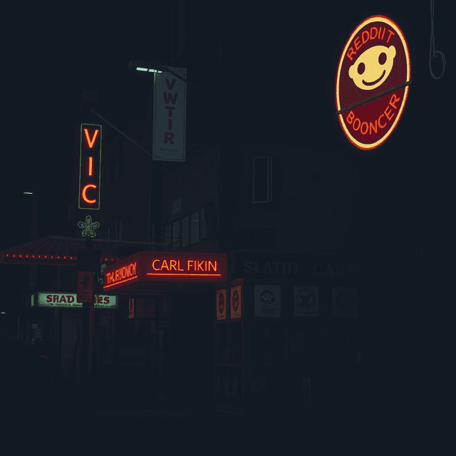 digital bouncer, verification, Reddit, dark moody tones, editorial illustration