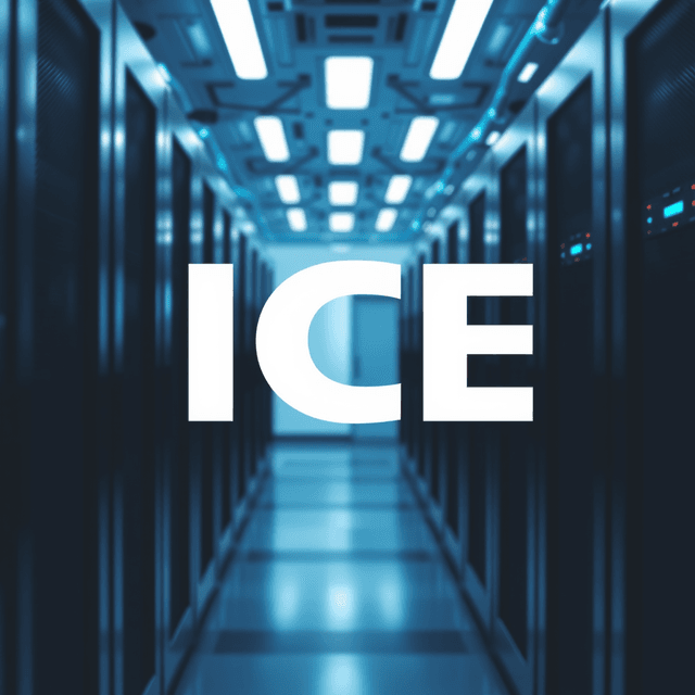 server, policy document, ICE logo, sharp tech-noir photography style, cool steel blues