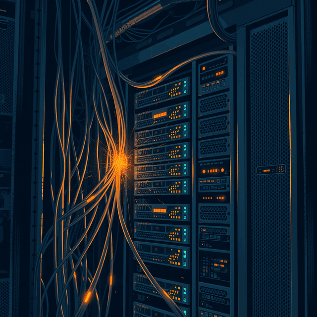 server rack, glowing cables, breach, collapse, dark moody tones, editorial illustration