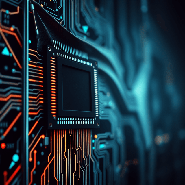 microchip, flag, data stream, sharp tech-noir photography style, cool steel blues