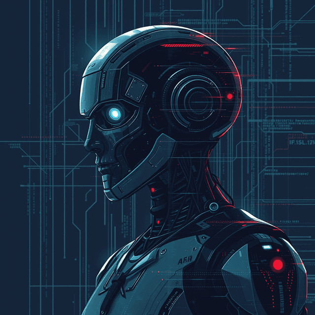 humanoid robot, glitch effect, data stream, dark moody tones, editorial illustration