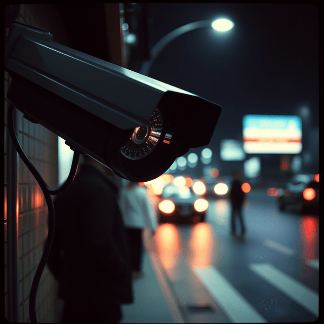 surveillance camera, censor, conflict, sharp tech-noir photography style, cool steel blues