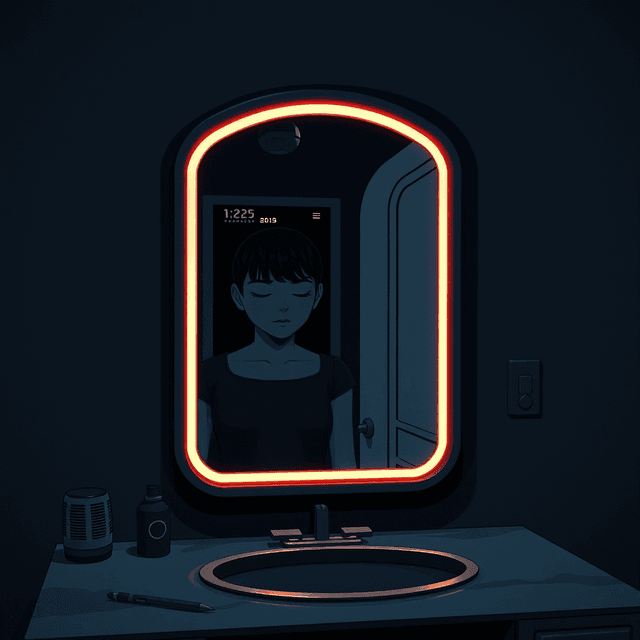 mirror, console, avatar, dark moody tones, editorial illustration