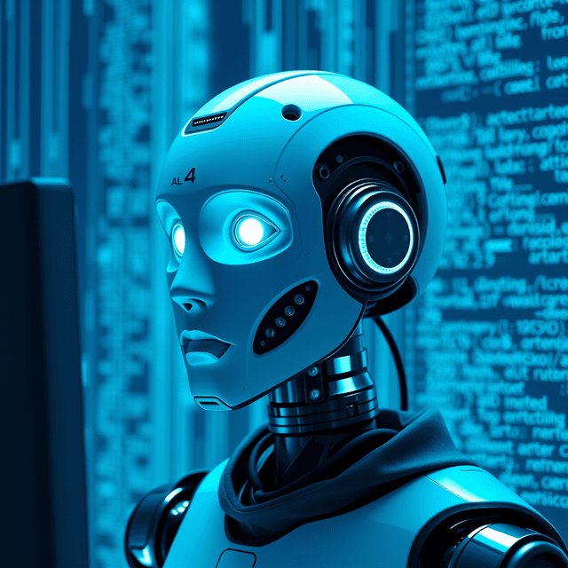 AI assistant, code, computer, curious and analytical feel, cool blue and teal tones