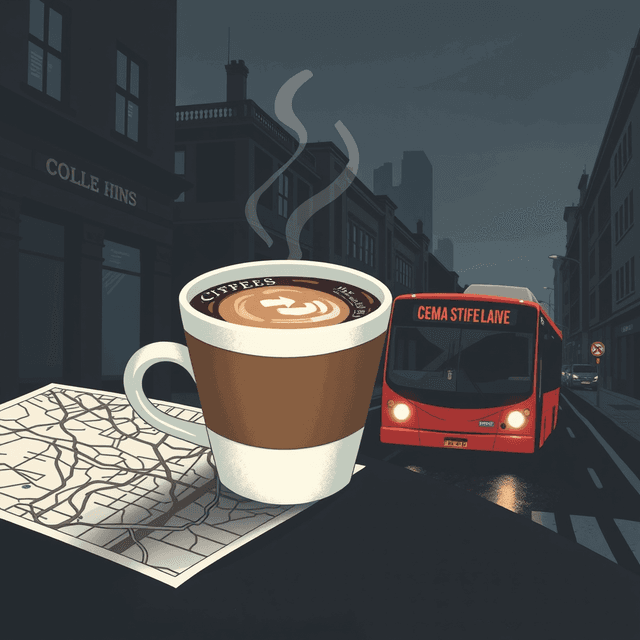 coffee cup, map, bus, city street, dark moody tones, editorial illustration