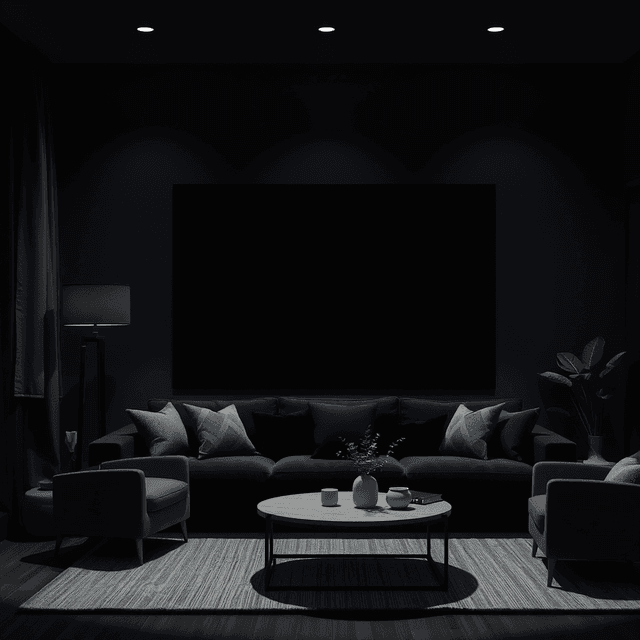 black rectangle, living room, artwork, simulated masterpiece, dark moody tones, editorial illustration