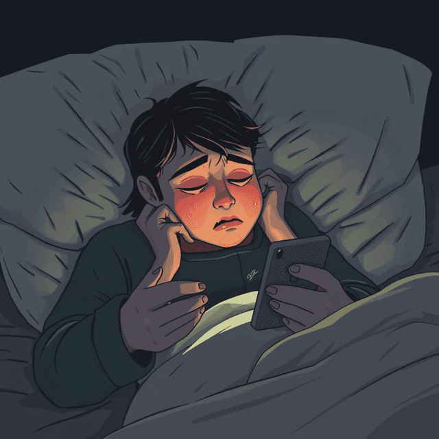 sandwich, phone, scrolling, exhaustion, dark moody tones, editorial illustration