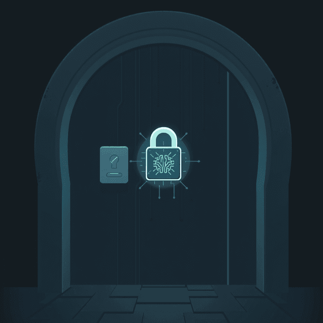 door, lock, keycard, AI chip, dark moody tones, editorial illustration