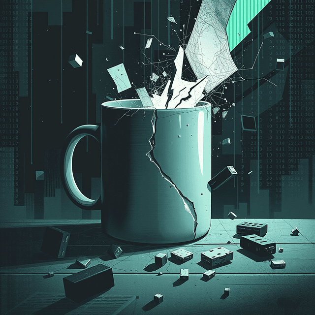 digital artifacts, broken mug, lost data, dark moody tones, editorial illustration