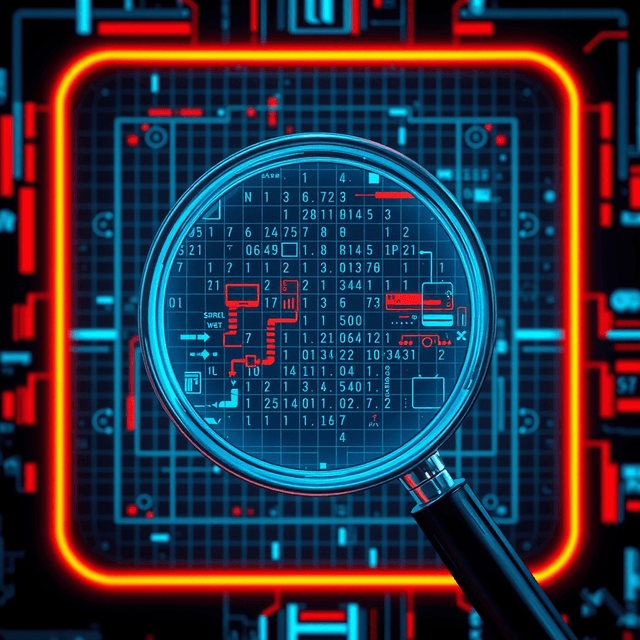 user interface, magnifying glass, pixel grid, digital decay, neon cyan