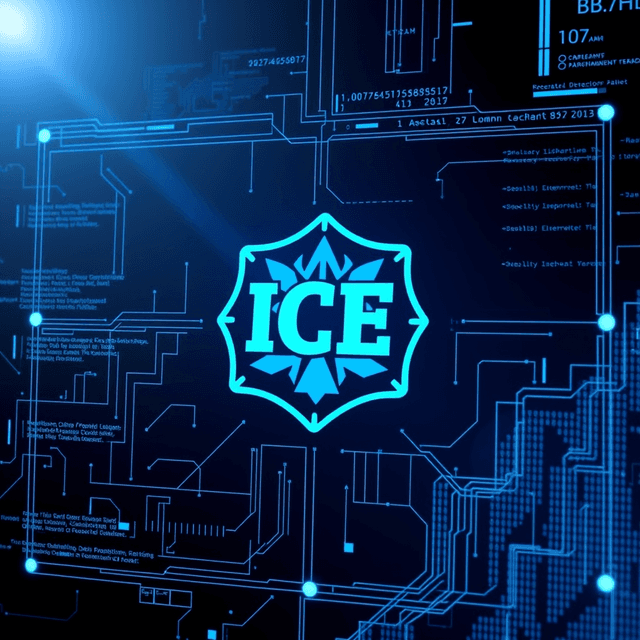 Palantir software, ICE logo, data streams, deportation, sharp tech-noir photography style, cool steel blues and white