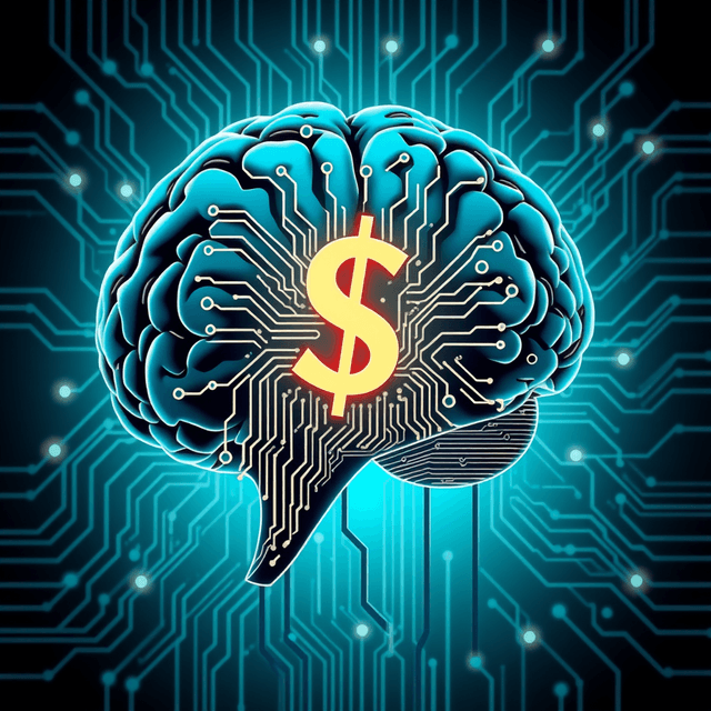AI brain, circuit board, dollar sign, curious and analytical feel, cool blue and teal tones