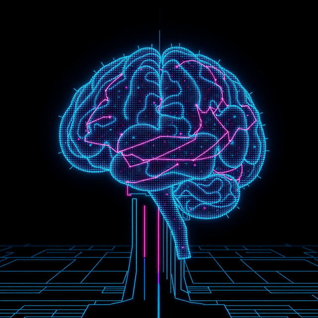 AI brain, pixels, glitch art, scan lines, neon cyan
