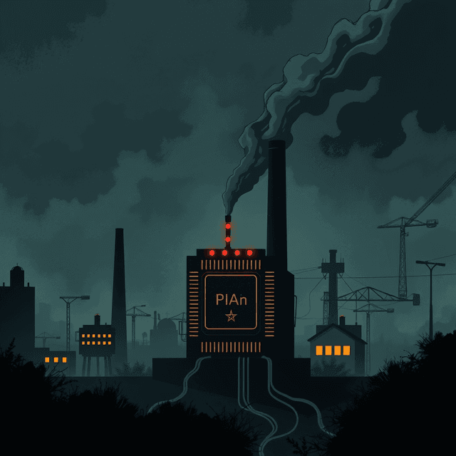 computer chip, factory, panic symbol, dark moody tones, editorial illustration