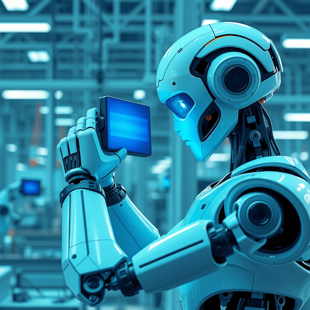 AI model, factory inspection, defect detection, robot arm, clean editorial illustration, digital decay, scan line