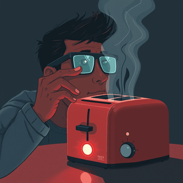 smart glasses, toaster, tech adoption, dark moody tones, editorial illustration
