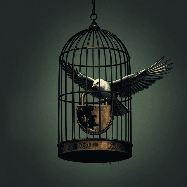 birdcage, broken lock, flying bird, dark moody tones, editorial illustration
