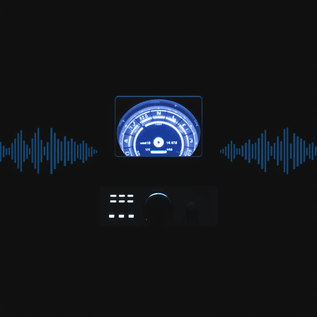 listening device, sound waves, abstract data, sharp tech-noir photography style, cool steel blues