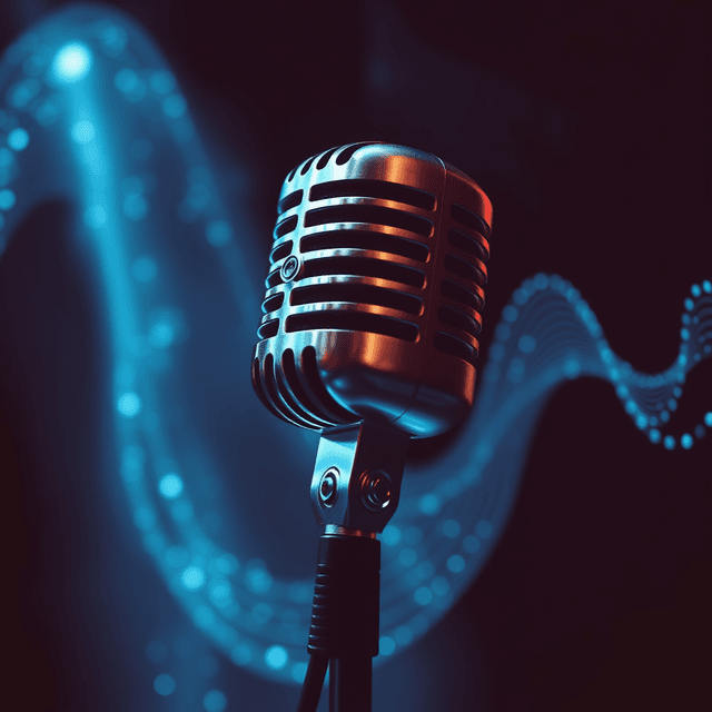 sequins, microphone, sound waves, digital art, dark moody tones