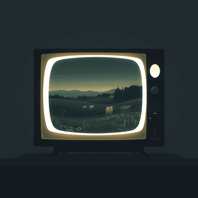 glowing rectangle, pastoral art, television, framed painting, dark moody tones, editorial illustration