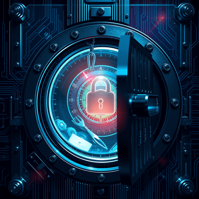 digital vault, stolen assets, data breach, cool steel blues, lens flare accents