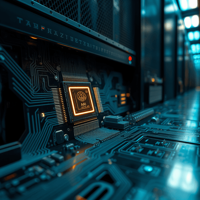 AI chip, server, circuit board, sharp tech-noir photography style, cool steel blues