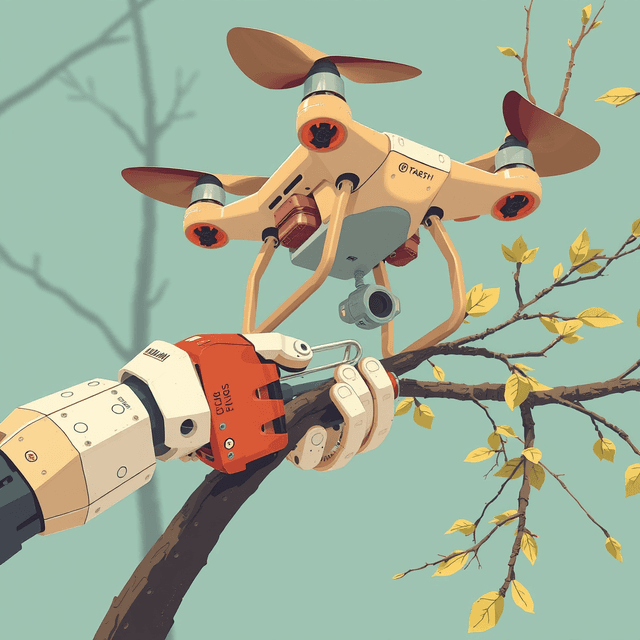 drone, tree pruning, robotic arm, tools, clean editorial illustration, digital decay