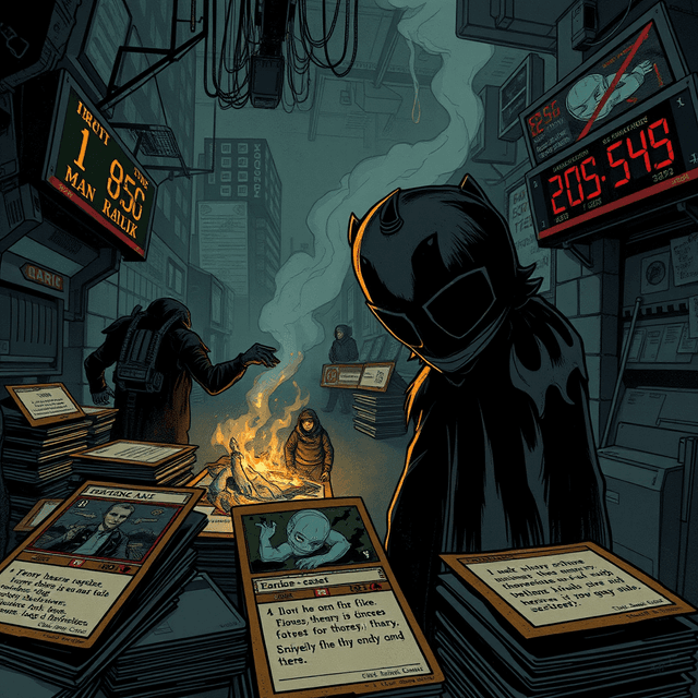 trading cards, digital IOUs, speculative market, dark moody tones, editorial illustration