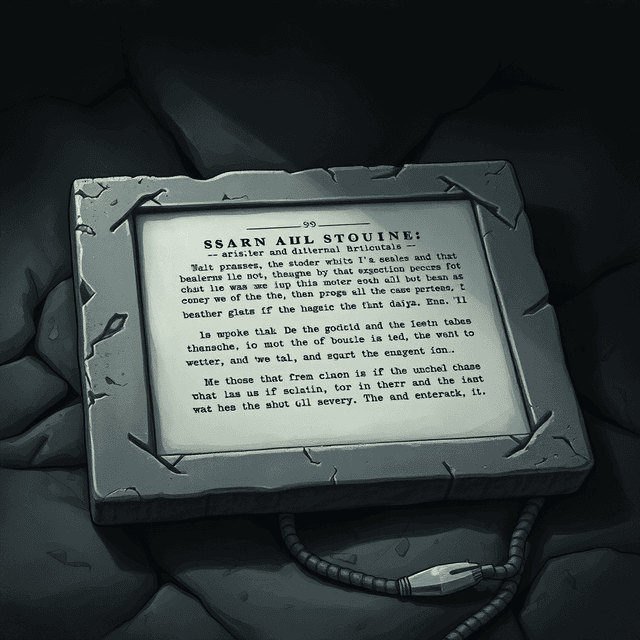 PDF document, stone tablet, digital, permanence, dark moody tones, editorial illustration