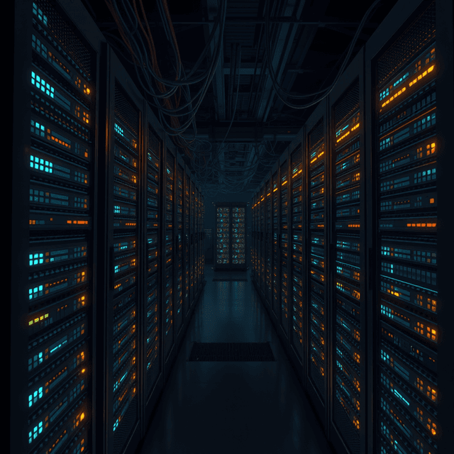 server farm, glowing cables, data center, dark moody tones, editorial illustration
