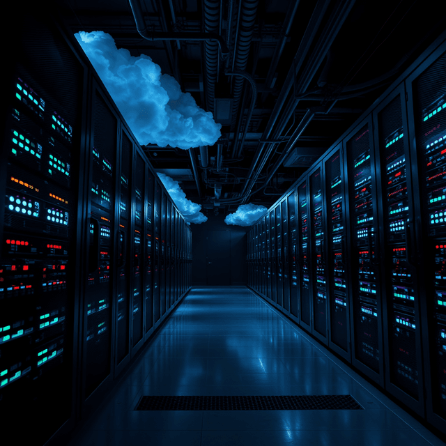 server farm, cloud computing, data center, sharp tech-noir photography style, cool steel blues