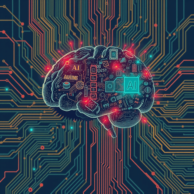 AI brain, visual data overload, circuit board, clean editorial illustration, digital decay