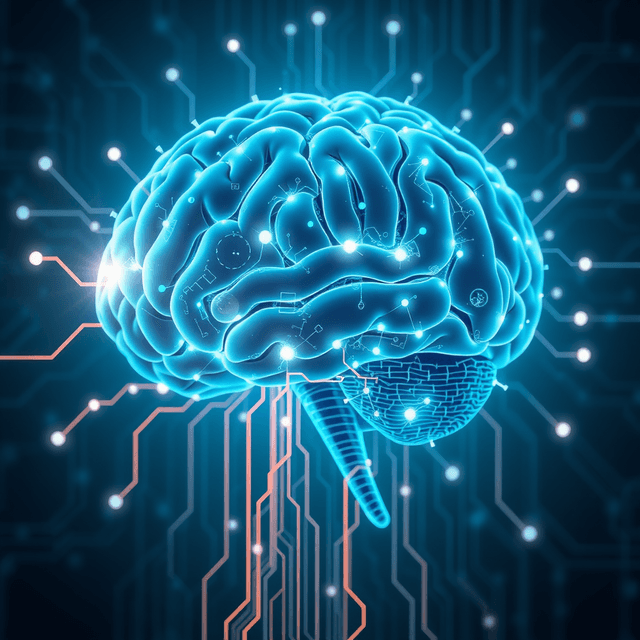 AI brain, glowing circuits, data flow, cool blue and teal tones, curious and analytical feel