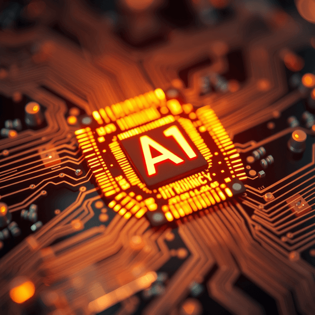 AI chip, circuit board, glowing data, metallic, sharp tech-noir photography style