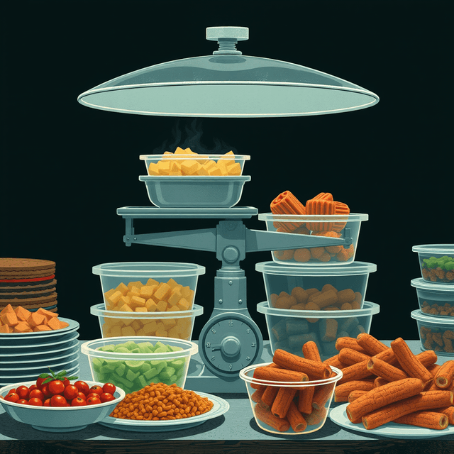 buffet, tupperware, scale, food, dark moody tones, editorial illustration