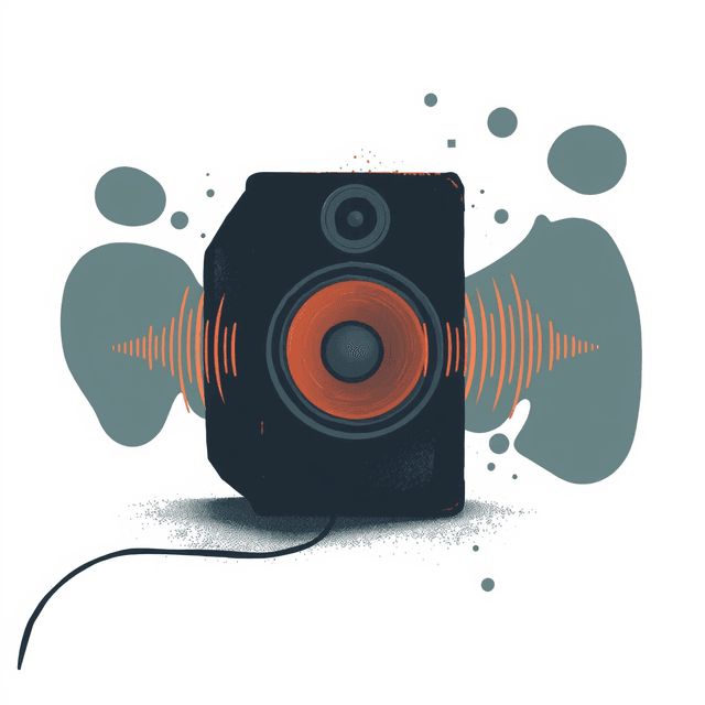 speaker, sound waves, abstract shapes, dark moody tones, editorial illustration