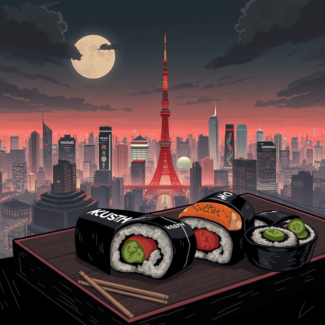 sushi, Tokyo skyline, futuristic city, currency, dark moody tones, editorial illustration