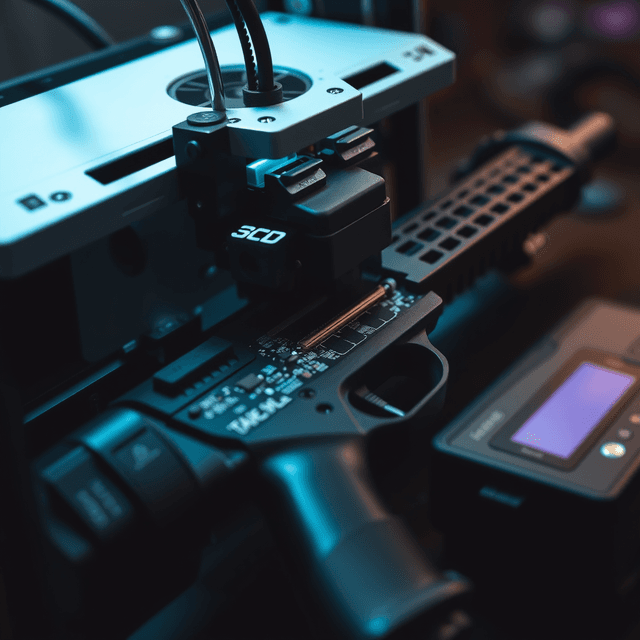 3D printer, firearm component, circuit board, sharp tech-noir photography style, cool steel blues and white highlights