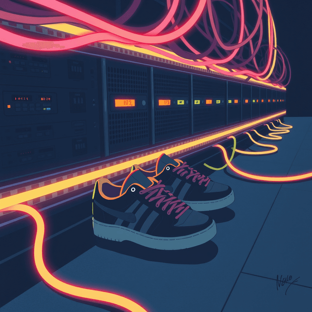 sneakers, server rack, glowing cables, dark moody tones, editorial illustration
