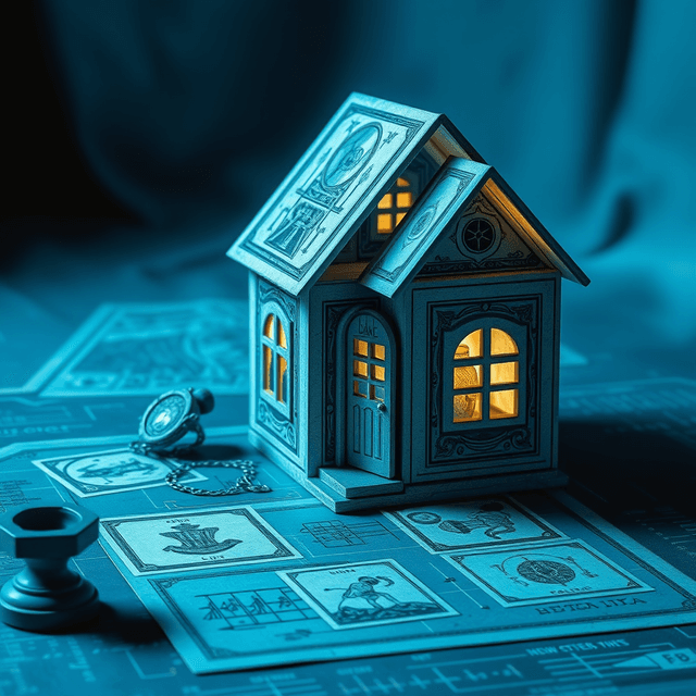 house of cards, chain of thought, blueprint, curious and analytical feel, cool blue and teal tones