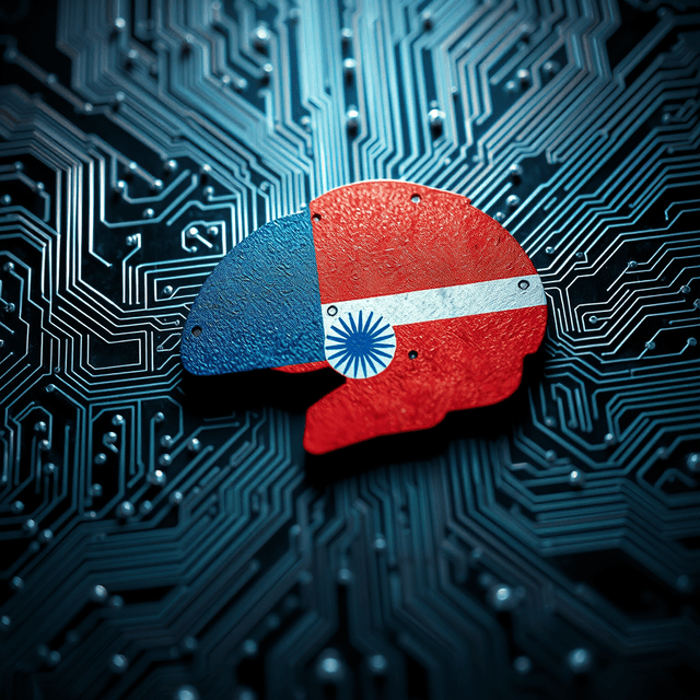 AI, national flag, circuit board, sharp tech-noir photography style, cool steel blues